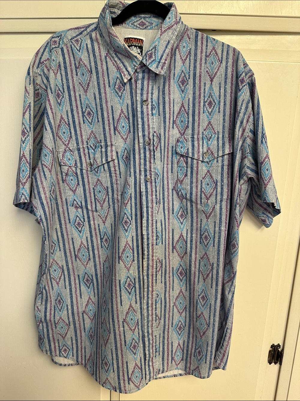 Vintage Karman AztecCasual Short-Sleeve Button-Down Shirt in Light Blue & Purple